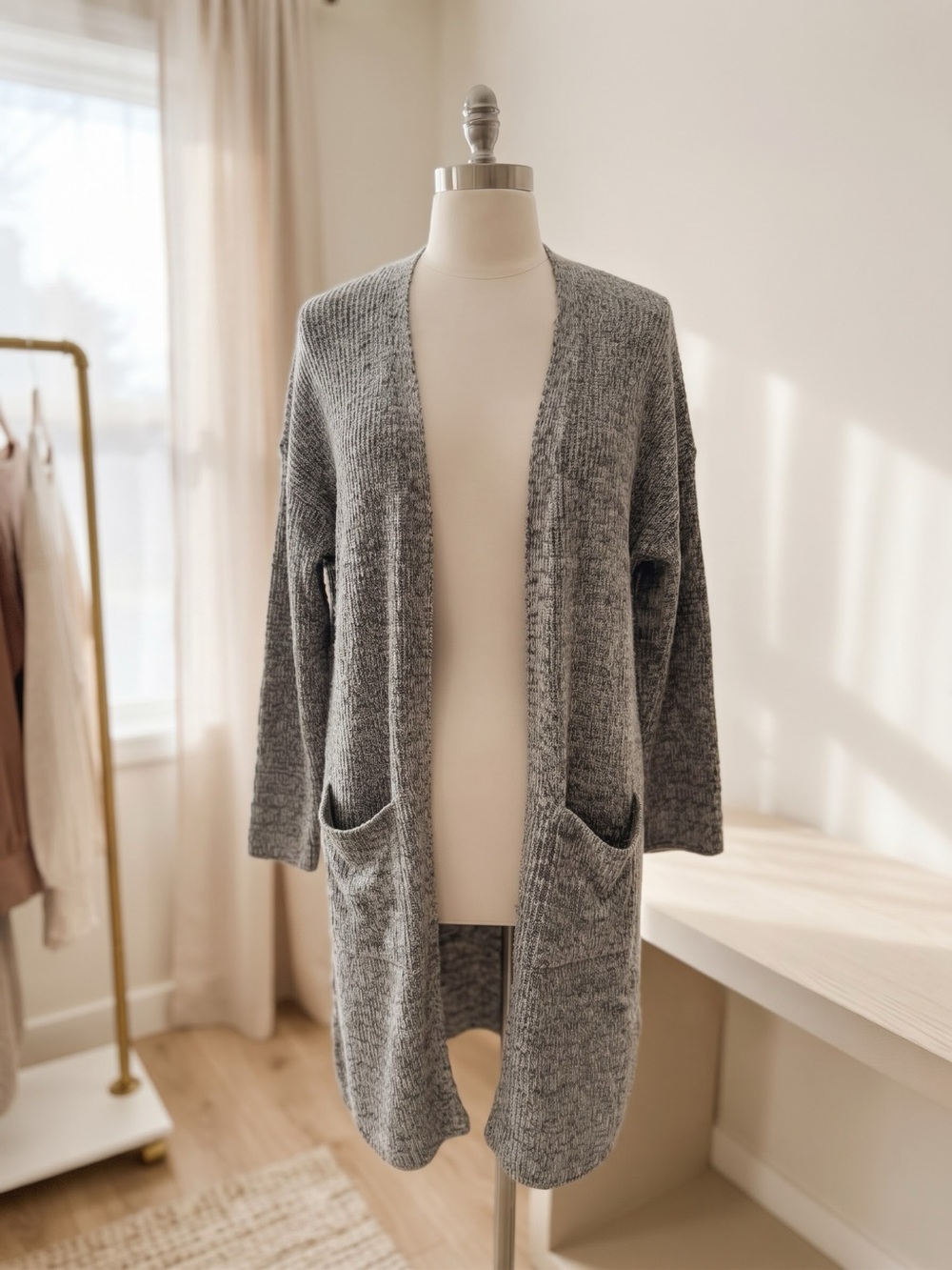 Open-Front Grey Ribbed Knit Cardigan (lightweight)